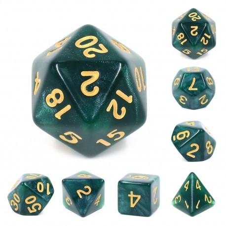 Kit de 7 des - JD - paillete - vert noir / or