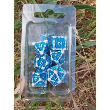 Kit de 7 des - JD - metal - ecaille enchainee - bleu / argent